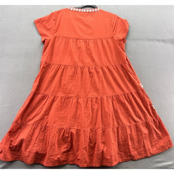 Roller Rabbit Dress Womens Sz L Orange Tiered Embroidered Midi - Picture 7 of 11